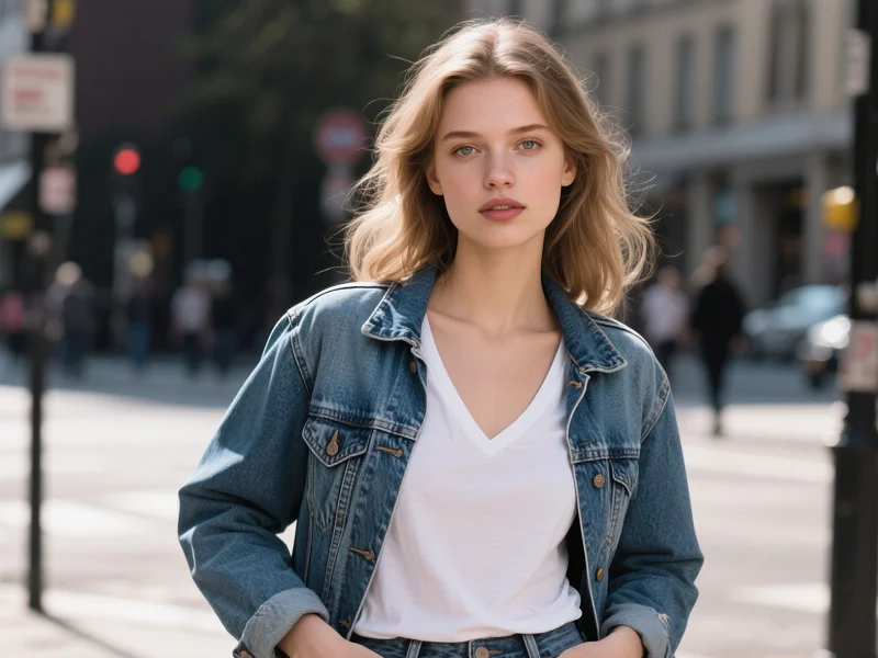 t-shirt con una giacca in denim