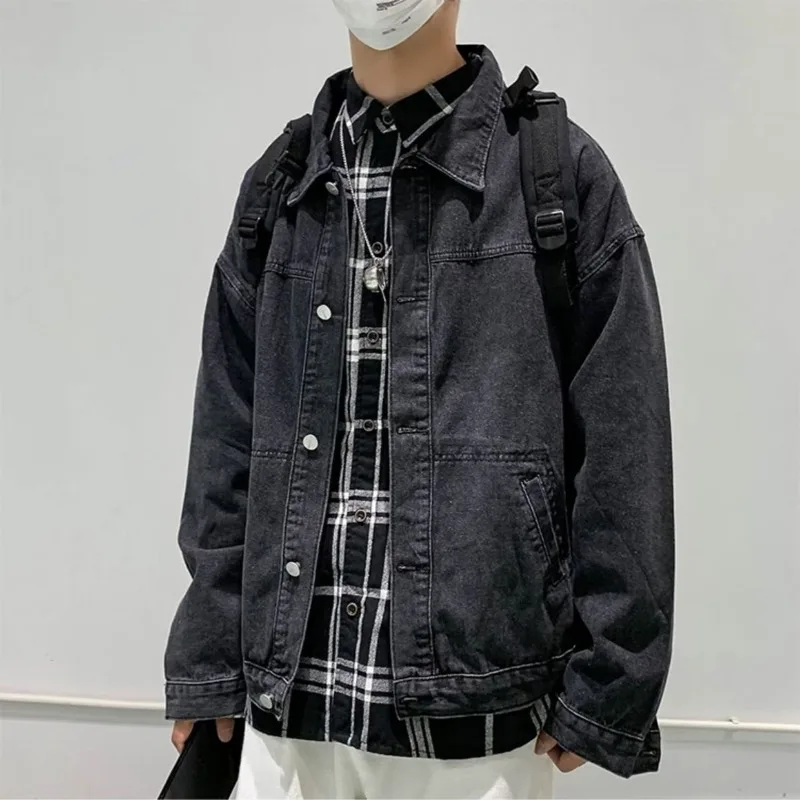 

Black Denim Jackets Man Teenagers Casual Loose Top Spring and Autumn Long Sleeves Single Breasted Cowboy Coat for Men Light Blue