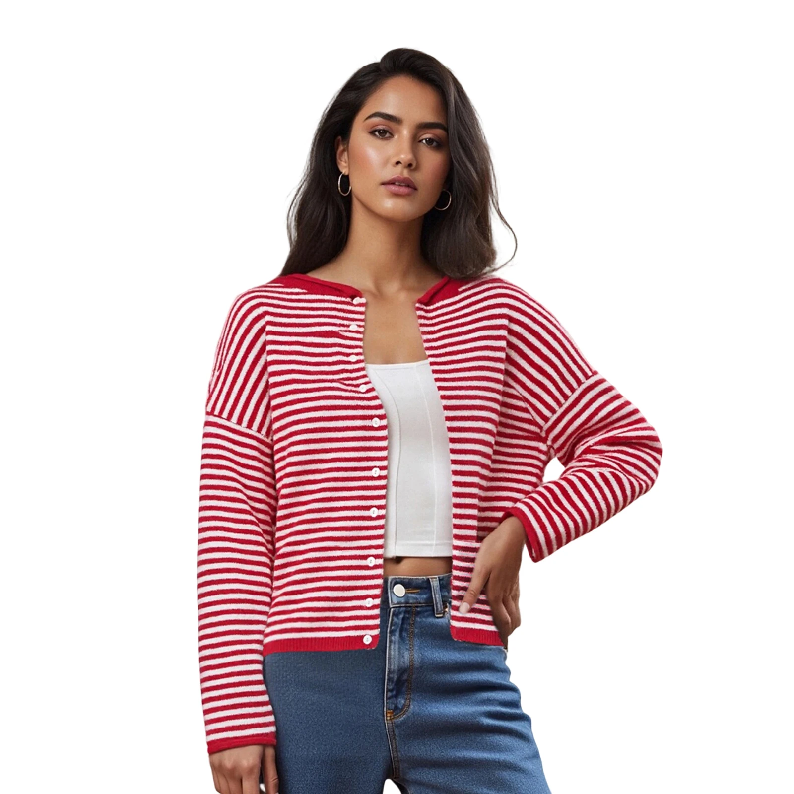 

Женский осенний свитер, кардиган, длинный рукав, круглый вырез, пуговицы, полосатый трикотаж