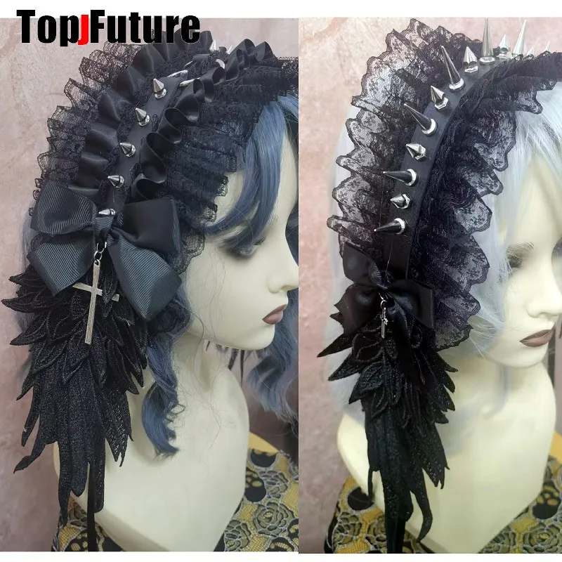 Women Wide Lace Ruffle y2k girl gothic lolita Harajuku Punk hairbands hairband Angel wing Lolita Steampunk rivet Spike Headband