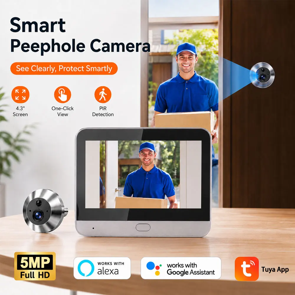 Tuya Smart 5MP 140° Wide View Angle Digital Peephole Eye View WiFi PIR Detection Doorbell Door Camera Alexa Google 4.3