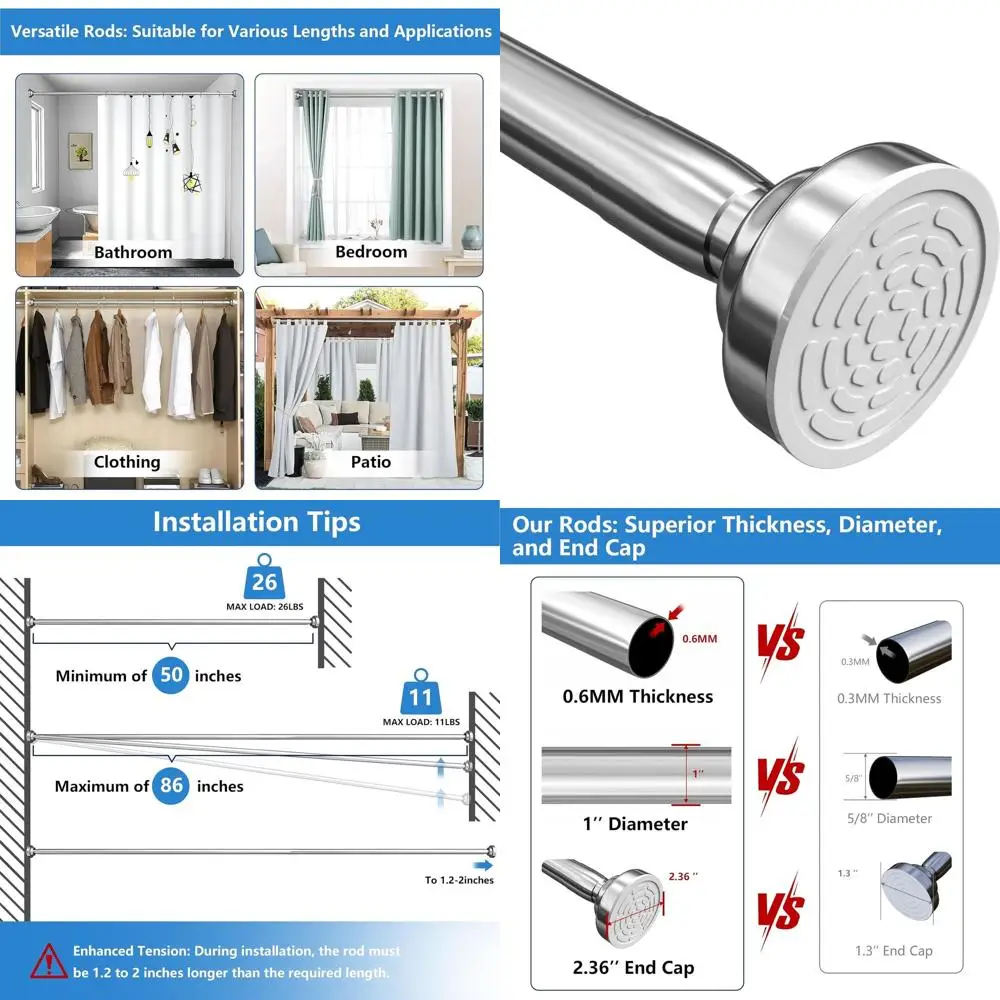

Adjustable 304 Stainless Steel Shower Curtain Rod, 1 Diameter, 50-86 Length, Rust-Resistant with Spring Tension