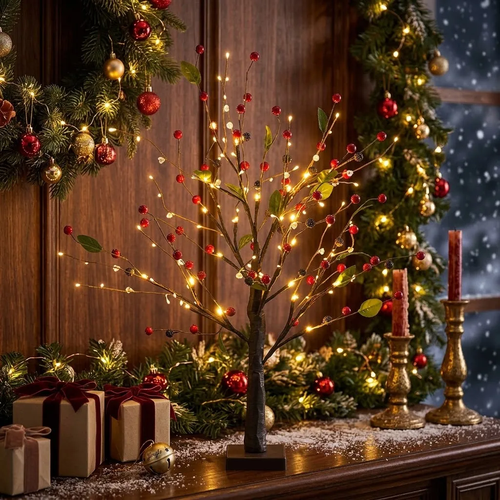 24 LEDs Christmas Tree Light Red Berry Golden Leaf Lamp Warm Fairy Night Light DIY Branch Festive Tabletop Light Room Decor Gift