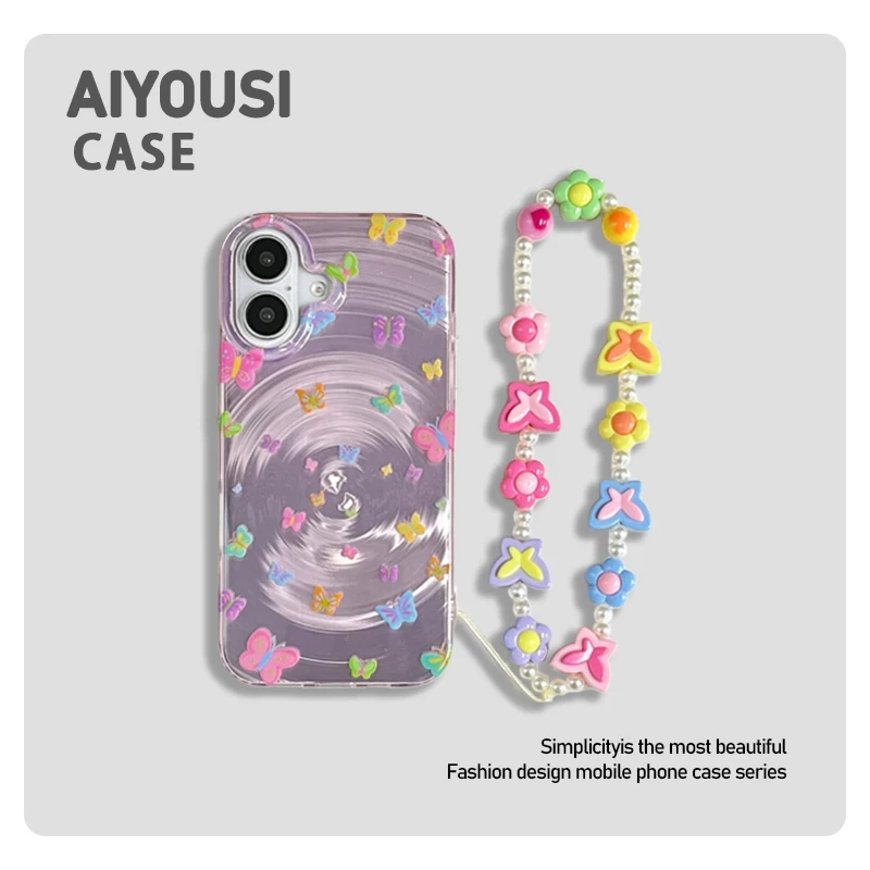 

Teenage girl full screen swirl colorful butterfly for iPhone 14 case apple 15promax handheld chain 13pro anti fall double layer