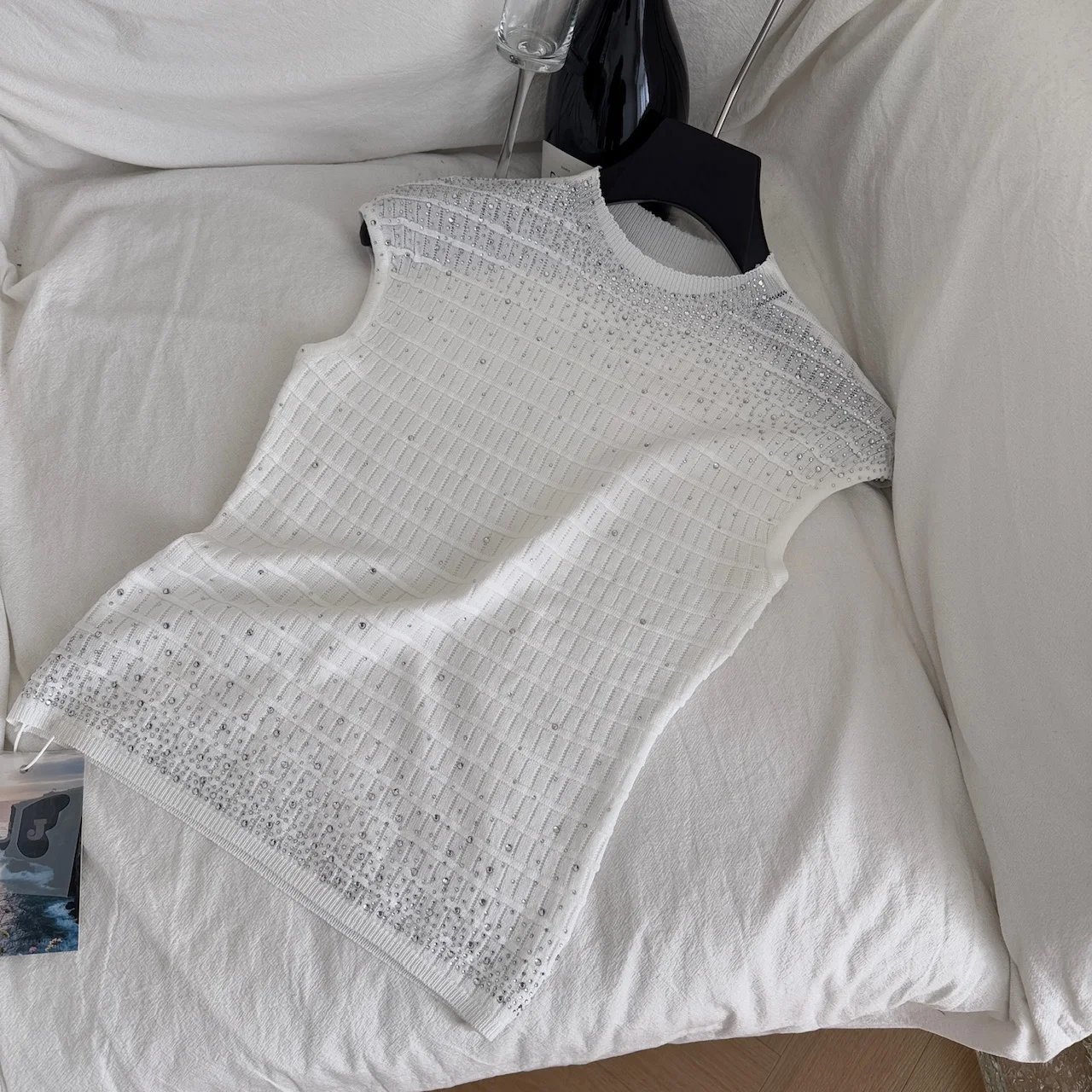 Gilet tricoté coupe cintrée pour femmes, vêtements d'extérieur décontractés avec strass scintillants, pour les déplacements d'été, rose