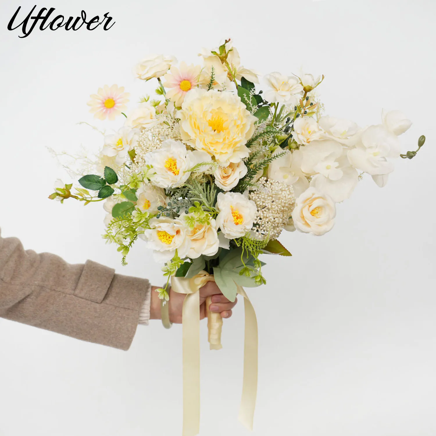 

Uflower Artificial Bridesmaid Bouquets Hydrangea Gypsophila Champagne Silk Flower Bouquet for Wedding Table Centerpiece Party