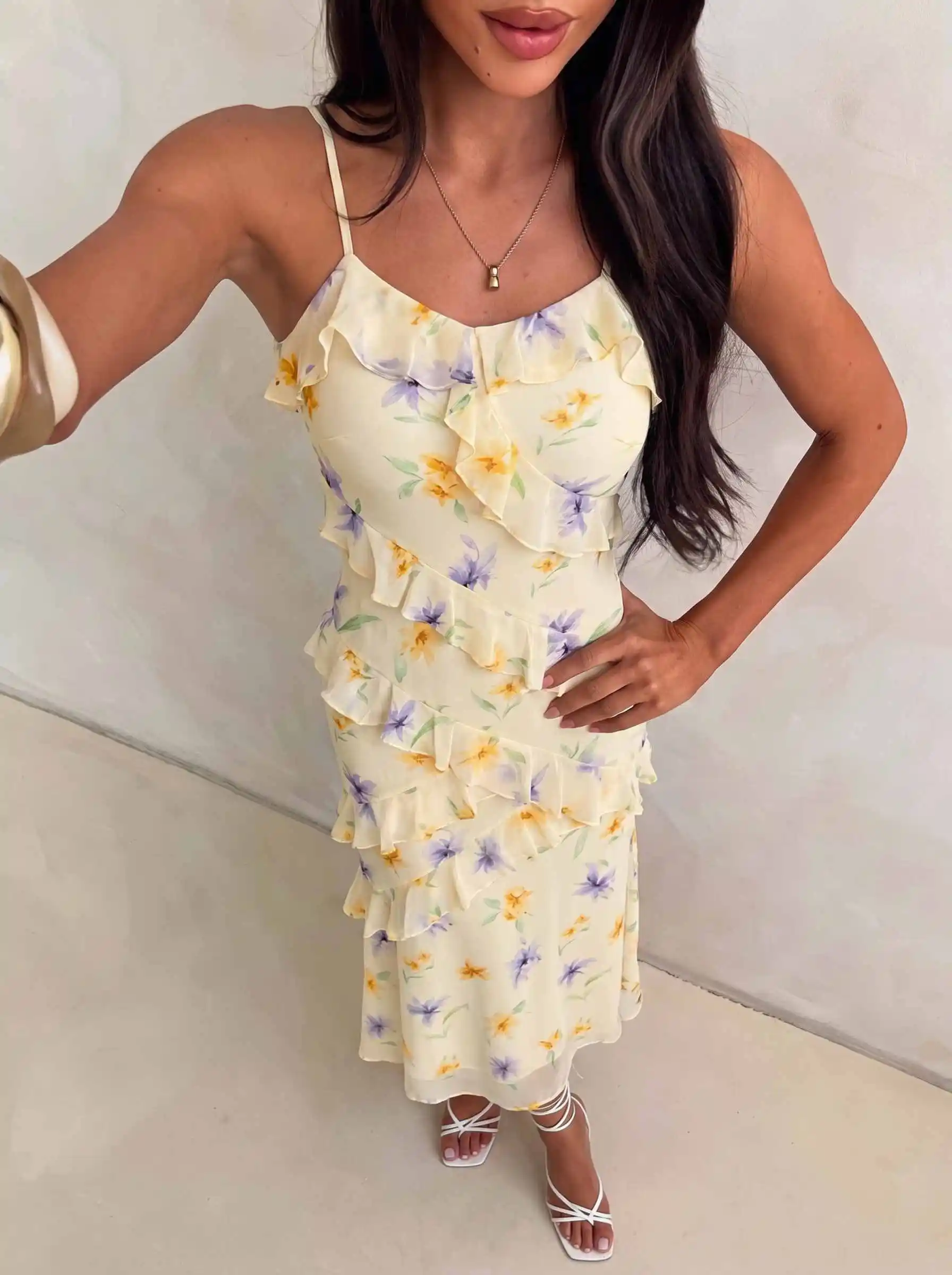 Damen Aquarell-Rosen-Print Cami-Kleid mit Rüschen, Chiffon-Midikleid, Spaghettiträger, fließendes Kleid für Urlaub, Strandparty, Ferien – Detail 21