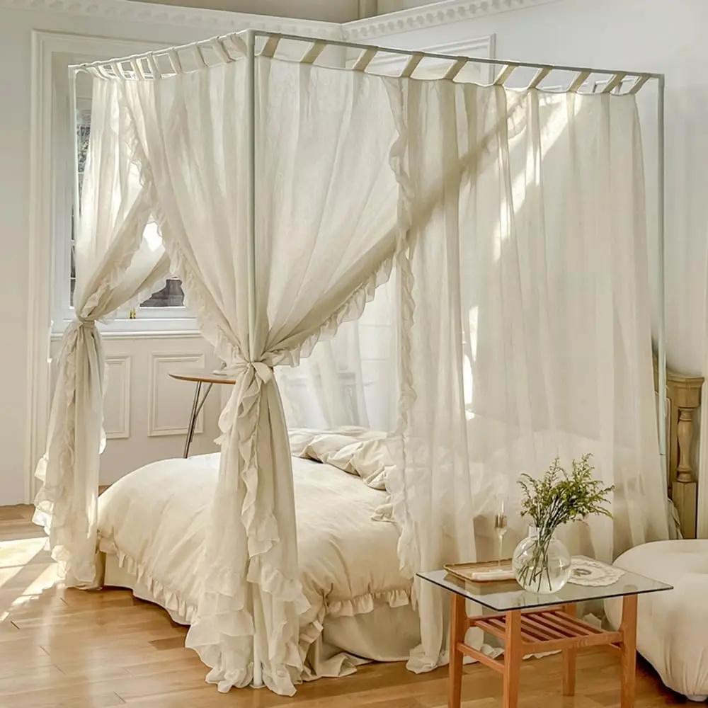 

Canopy Bed Curtains,Linen Bed Canopy Curtains 4 Corner Bed Drapes Canopy Curtains for Bedroom Decor (Ivory,Full)