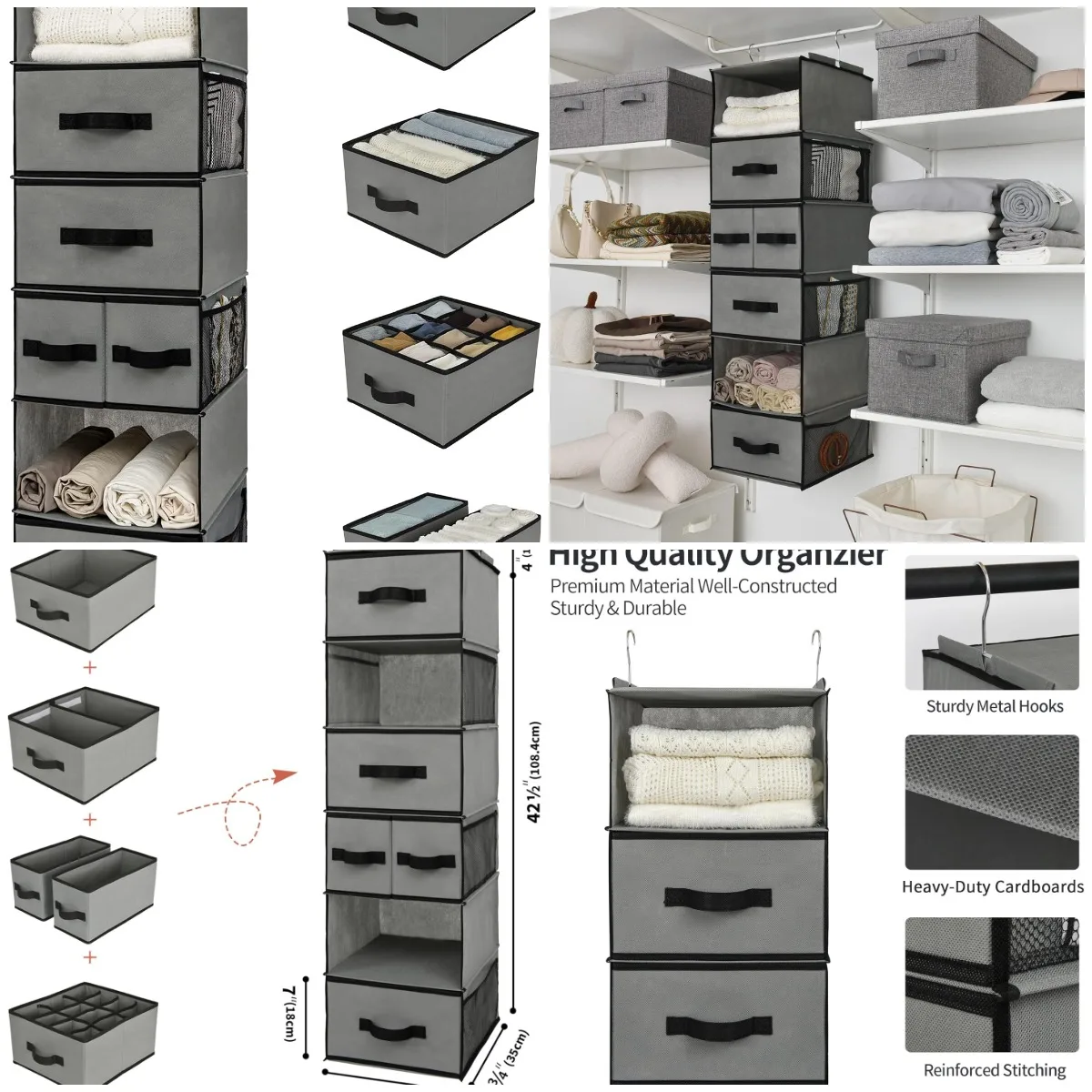 

Hanging Closet Organizer 6 Shelves with 5 Drawers & 6 Pockets, Gray