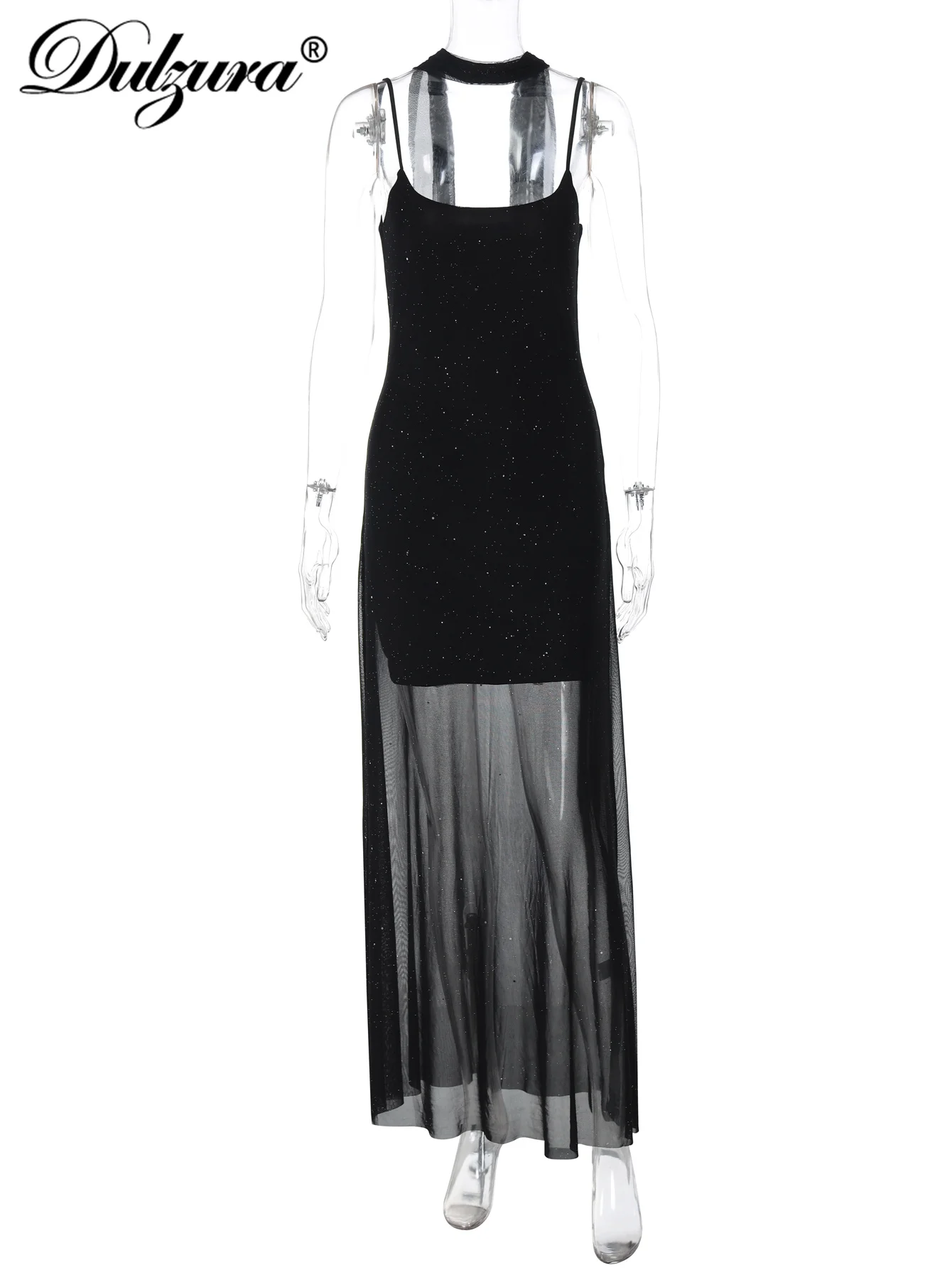 Dulzura Sommer Mode Sexy Backless Schlank Pailletten Schal Sheer Mesh Hosenträger Langes Kleid Frauen Solide Elegante Party Prom Kleidung