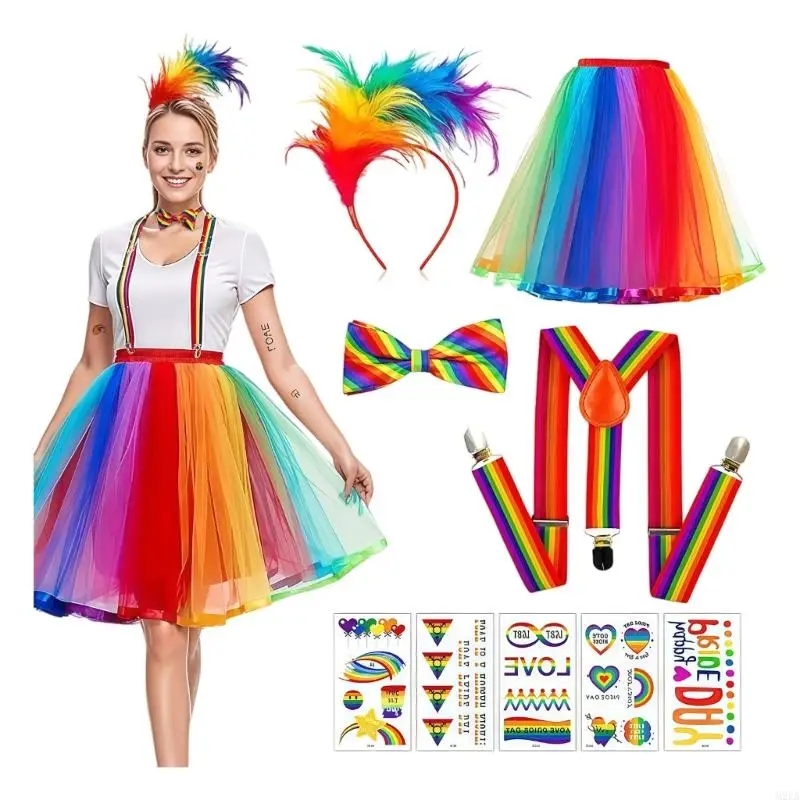2026 New Clown Costume Set Circus Outfit Include Rainbow Tutus Skirt Headband Socks Suspenders Bowtie Halloween Costumes
