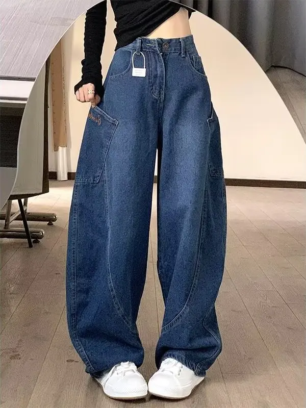 

Американские ретро-джинсы синего цвета в рабочем стиле, женские, осенне-зимние, больших размеров, с высокой талией, прямые, свободные, струящиеся, широкие брюки
