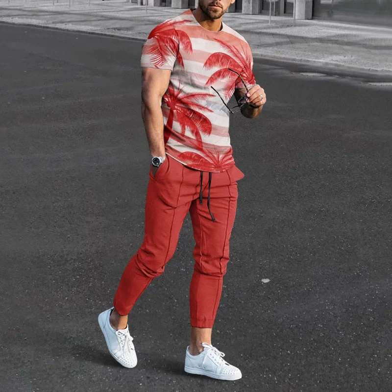 Conjunto de camisetas y pantalones de chándal con estampado 3D de árbol de coco Hawaiano para hombre, camiseta de manga corta de gran tamaño, ropa