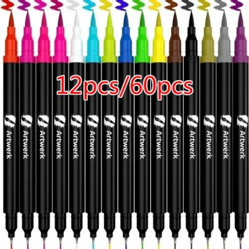 

12pcs/60 Pcs Color Fine Point Brush Marker Pens Dual Tip ArtWerk Colored Brush Pen 0.4 Fineliner Fine Point Markers Set