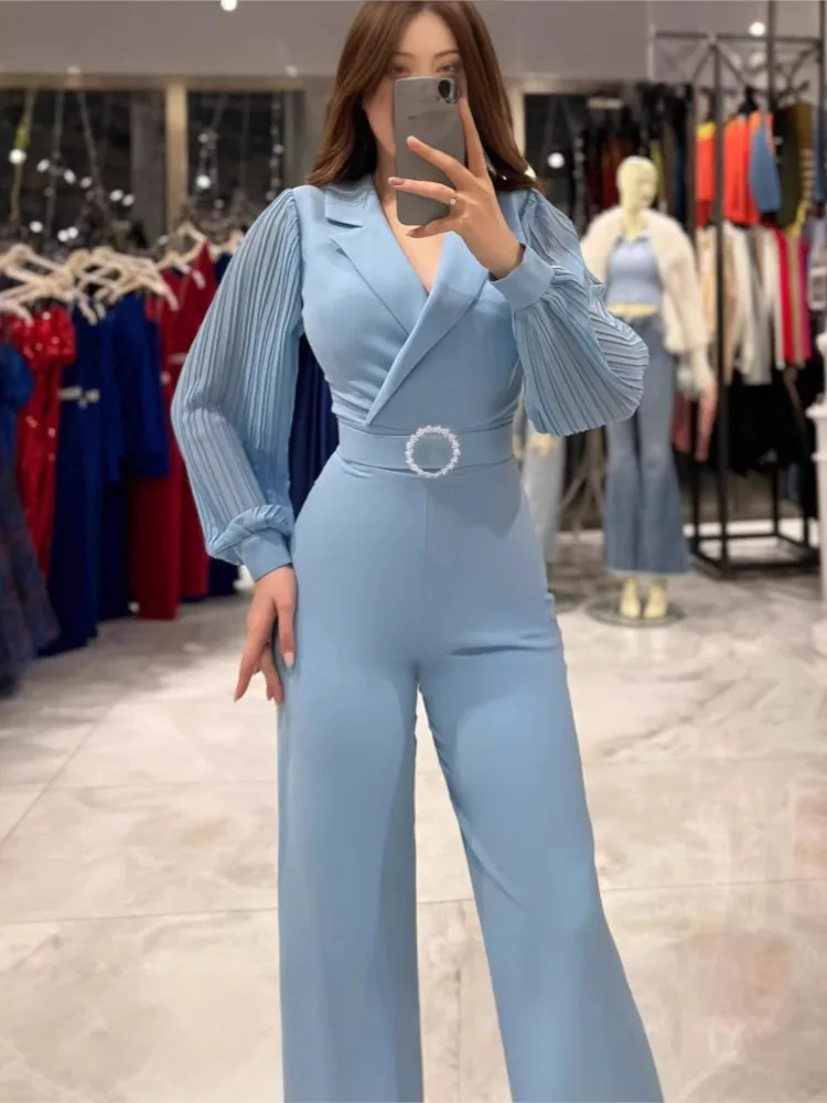 Jumpsuit ramping elegan baru pakaian terusan kaki lebar lengan panjang Ruched Lapel kasual mode wanita pakaian satu potong trendi dengan sabuk