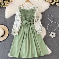 YuooMuoo elegante moda Floral estampado manga larga vestido de mujer 2025 nueva primavera elegante Vintage vendaje cintura delgada Vestidos de fiesta