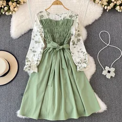 YuooMuoo Chic Fashion stampa floreale maniche lunghe abito donna 2024 nuova primavera elegante Vintage fasciatura vita sottile abiti da festa