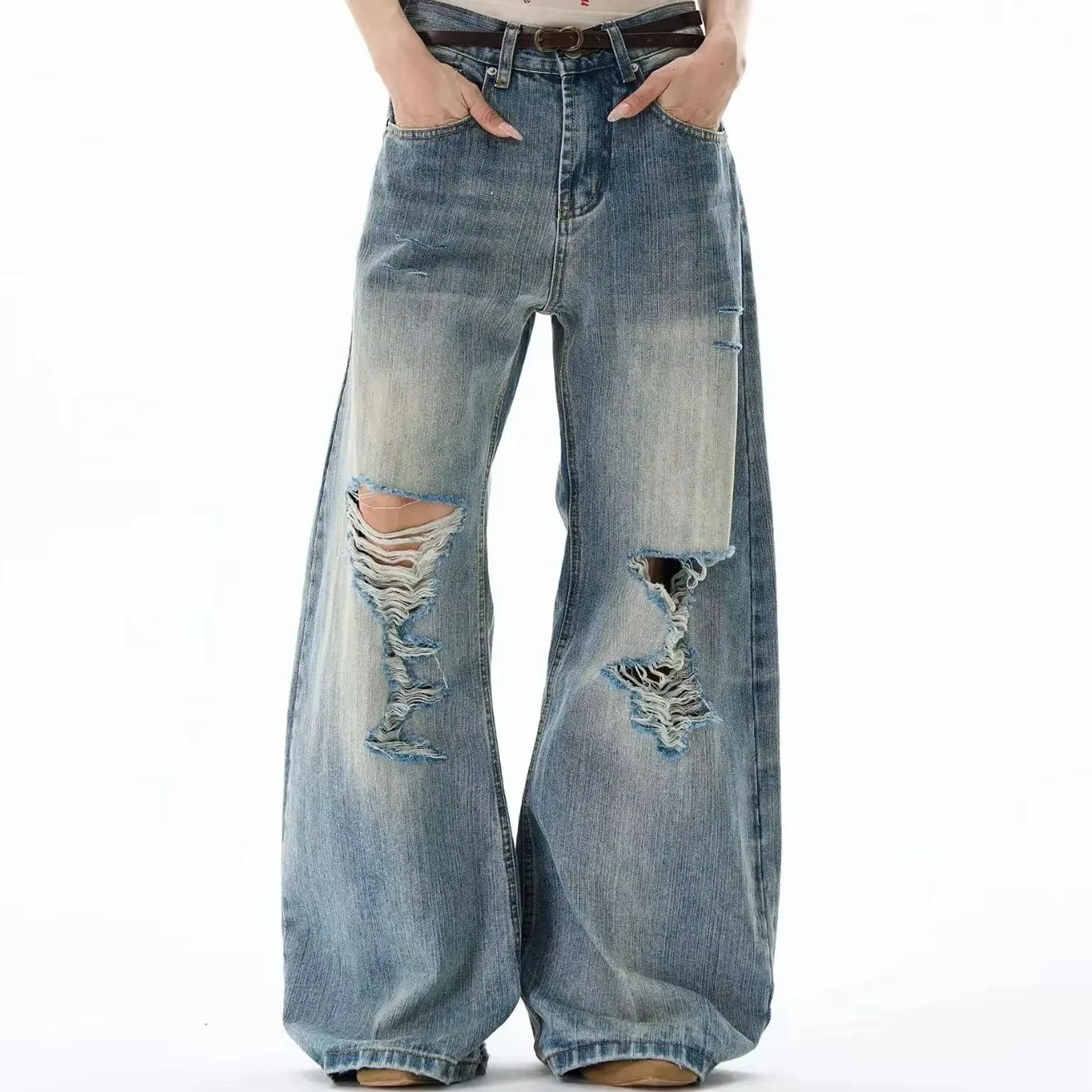 

Summer High Waist Ripped Women's Blue Jeans American Vintage Streetwear Y2K Wide Leg Jean 2000s Trouser Baggy Denim Pants