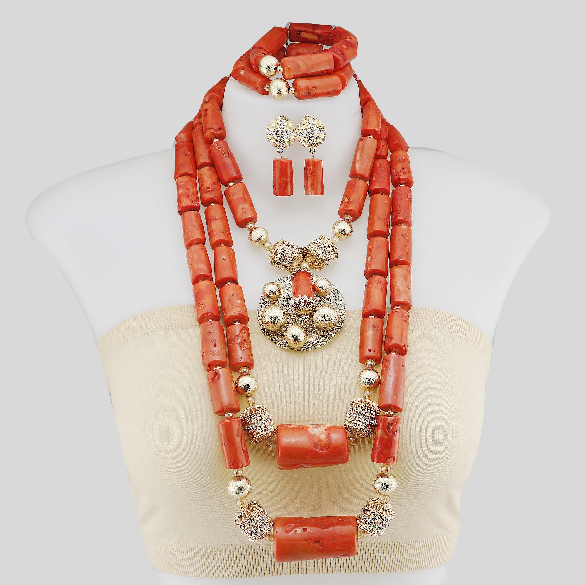 

3Layers Nigerian Jewelry Sets for Women,Orange Resin Beads,Chunky Necklace,African Wedding Beads with Gold Square Accessories