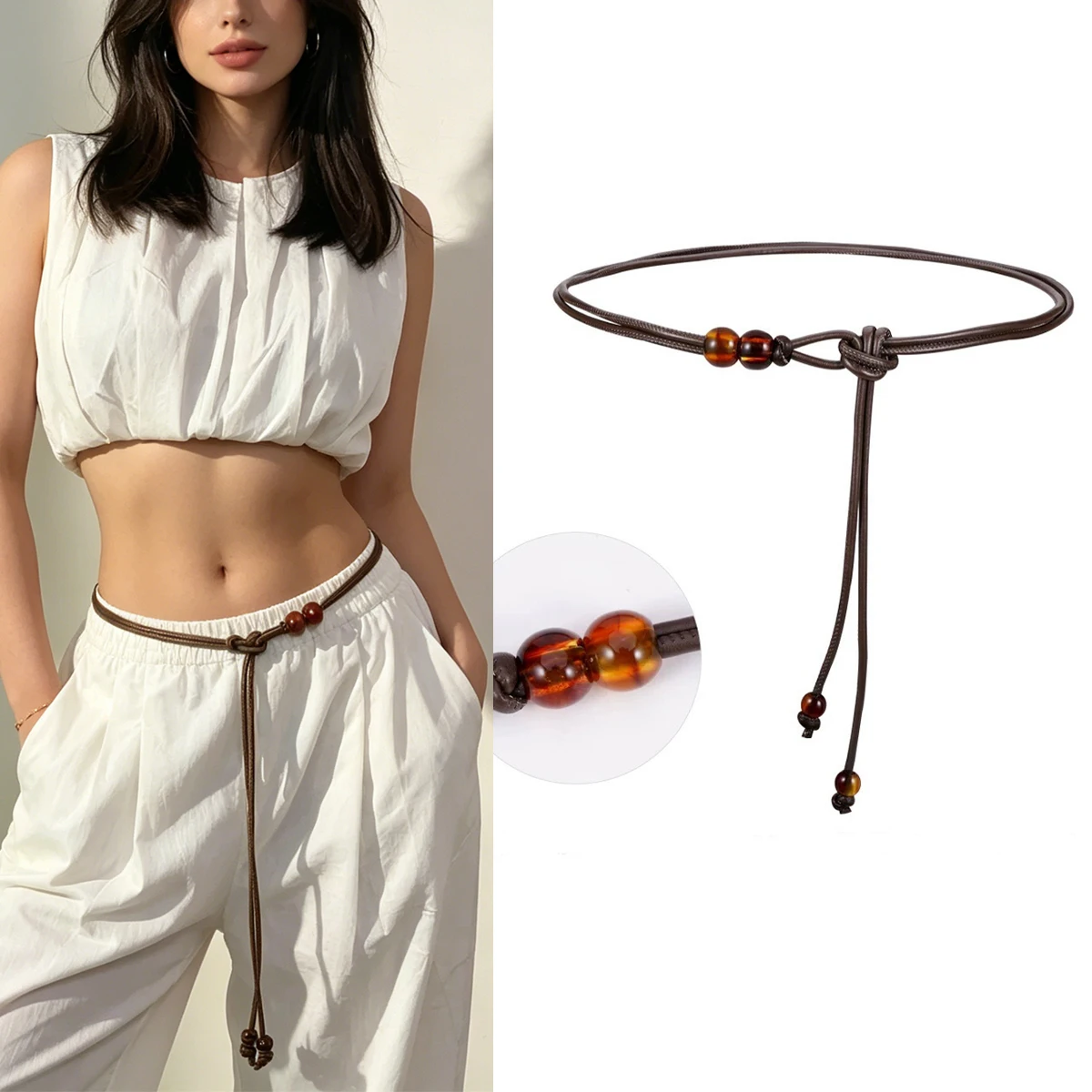 1pc Women's Adjustable Slim Belt with Brown Bead Accents Waist Cincher for Dresses Shirts Jackets Day-to-Night Style Enhancer image 4