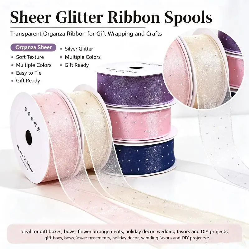 2.5cm 4cm Hot Stamping Organza Ribbon Hair Accessory Trim for DIY Sewing Gift Wrapping New Year Party Decoration