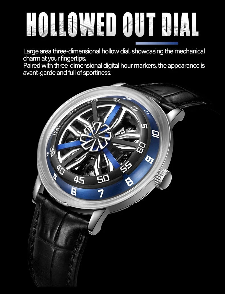 OBLVLO Men Automatic Watch 42MM Vintage Mechanical Wristwatch Luminous Waterproof Sapphire Hollow Out Wheel Dial