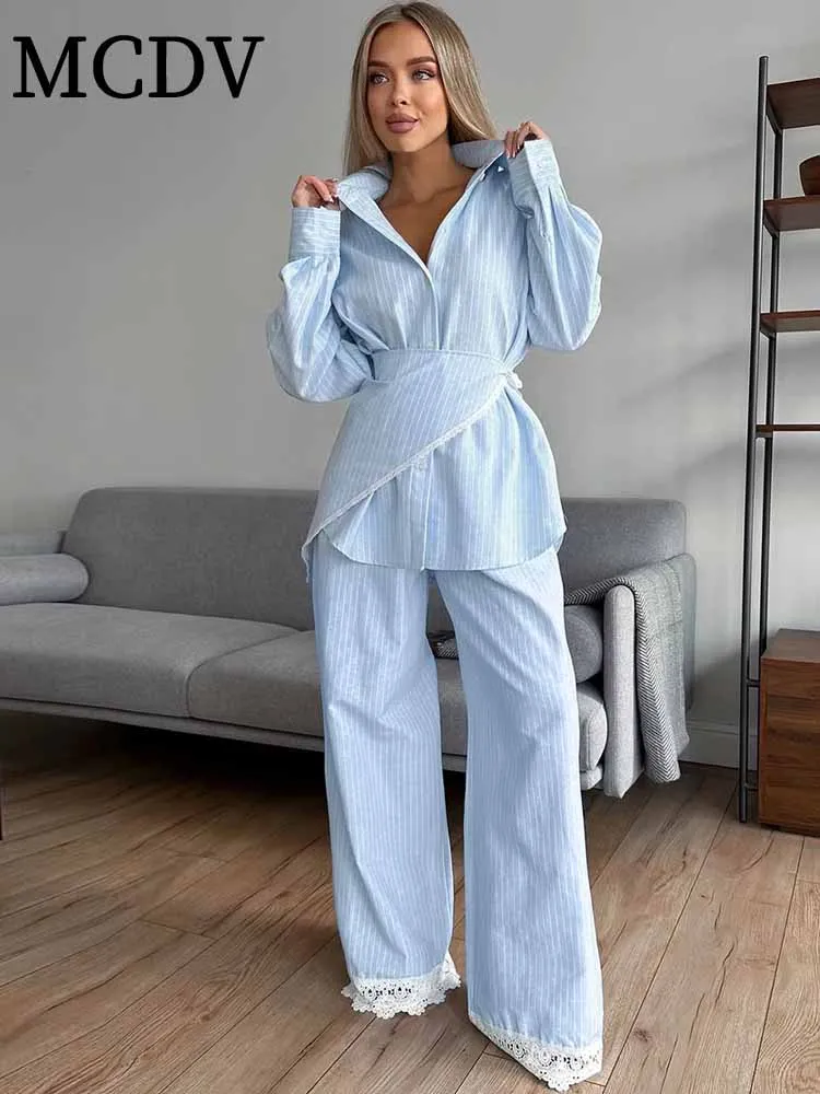 MCDV Casual losse streep broek set dames kant patchwork volledige mouw knop shirt veterriem wijde pijpen broek 3-delige outfits