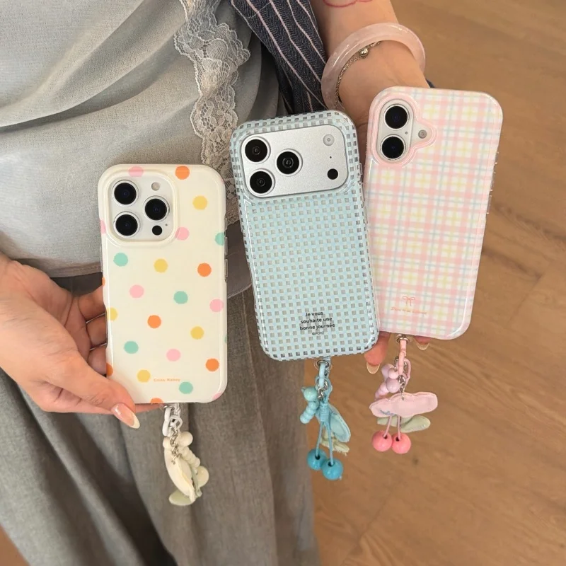 

Korea ins Cute cartoon colorful Polka Dots Phone case For iPhone 17 13 14 15 1 6 Pro Max Luxury Simple Pink Blue grid Back Cover