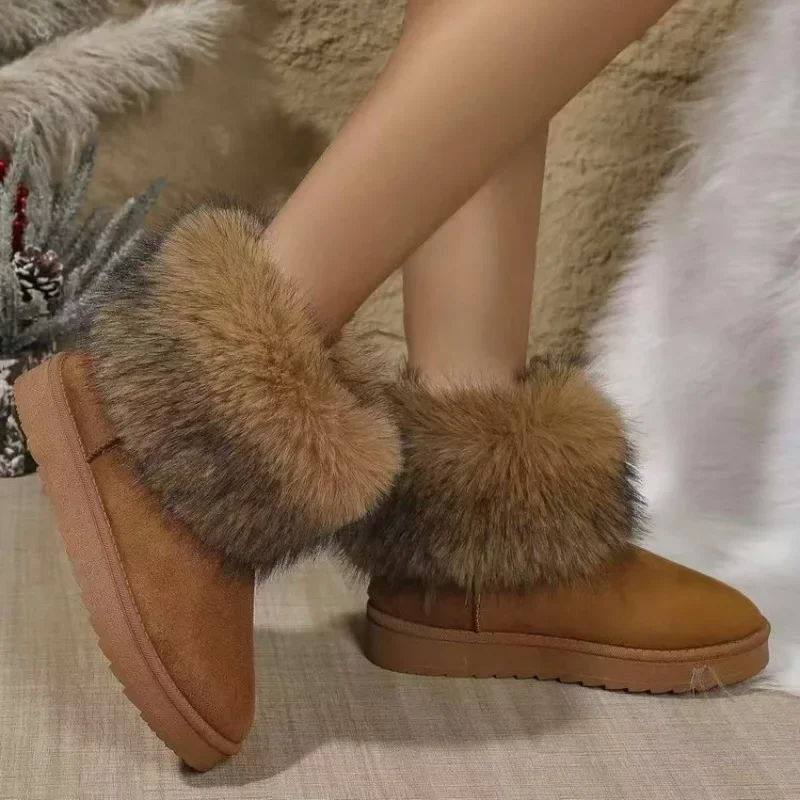 Women\'s Winter Snow Boots Outdoor Luxury Furry Faux Fox Fur Boots Woman Plush Warm Platform Shoes New Fashion Bottes Big Size