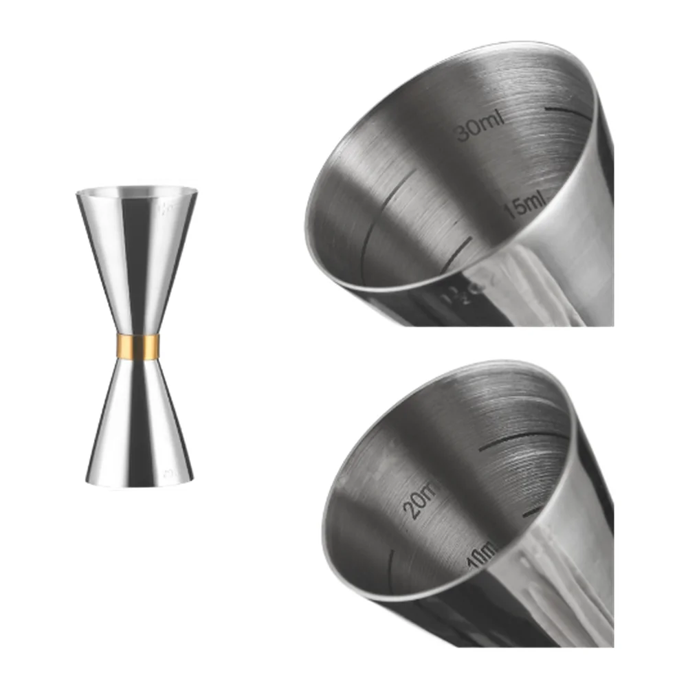 Stainless Steel Dual Sided Measuring Cup with 304 Material Brushed Interior Clear Engravings and Gold Ring Detail