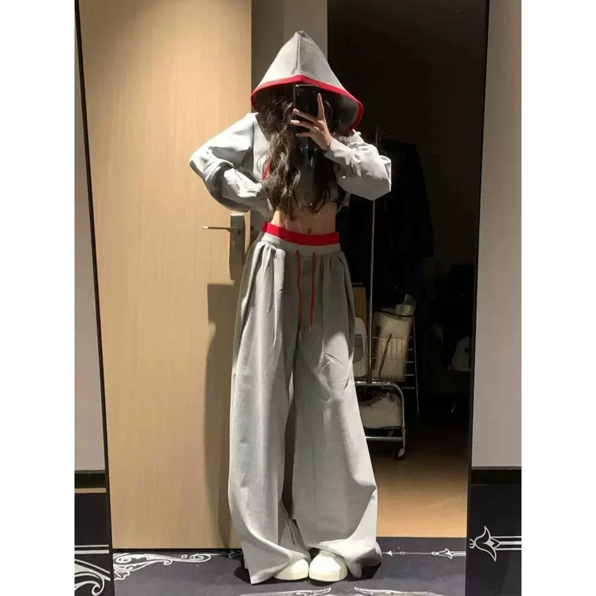 Women's Sportswear Set Casual Loose Long Pants Two-Piece Cotton Simulation Diagonal Stripe Hoodie Fashionable Spring Autumn