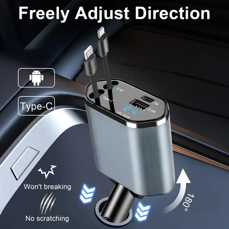 4 In 1 Fast Car Phone Charger, 180 °   Free Adjustment Direction, 2.6 Ft Retractable Cord USB C Port, For Ios And Type C Phone view 4