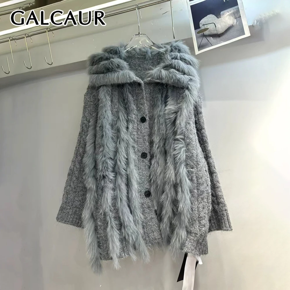 

GALCAUR Solid Spliced Fur Casual Sweater Female Lapel Long Sleeve Loose Light Luxury Women's Sweaters Fashion Autumn New Style