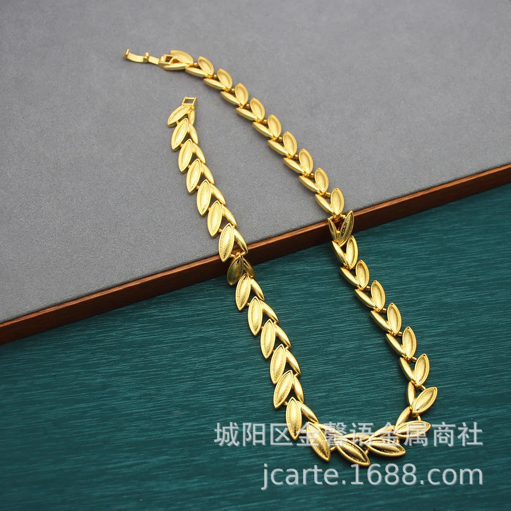 Vintage Style Plain Gold Necklace Bracelet Set Gold Wheat Ear Brushed Gold Plated Necklace Antique Jewelry