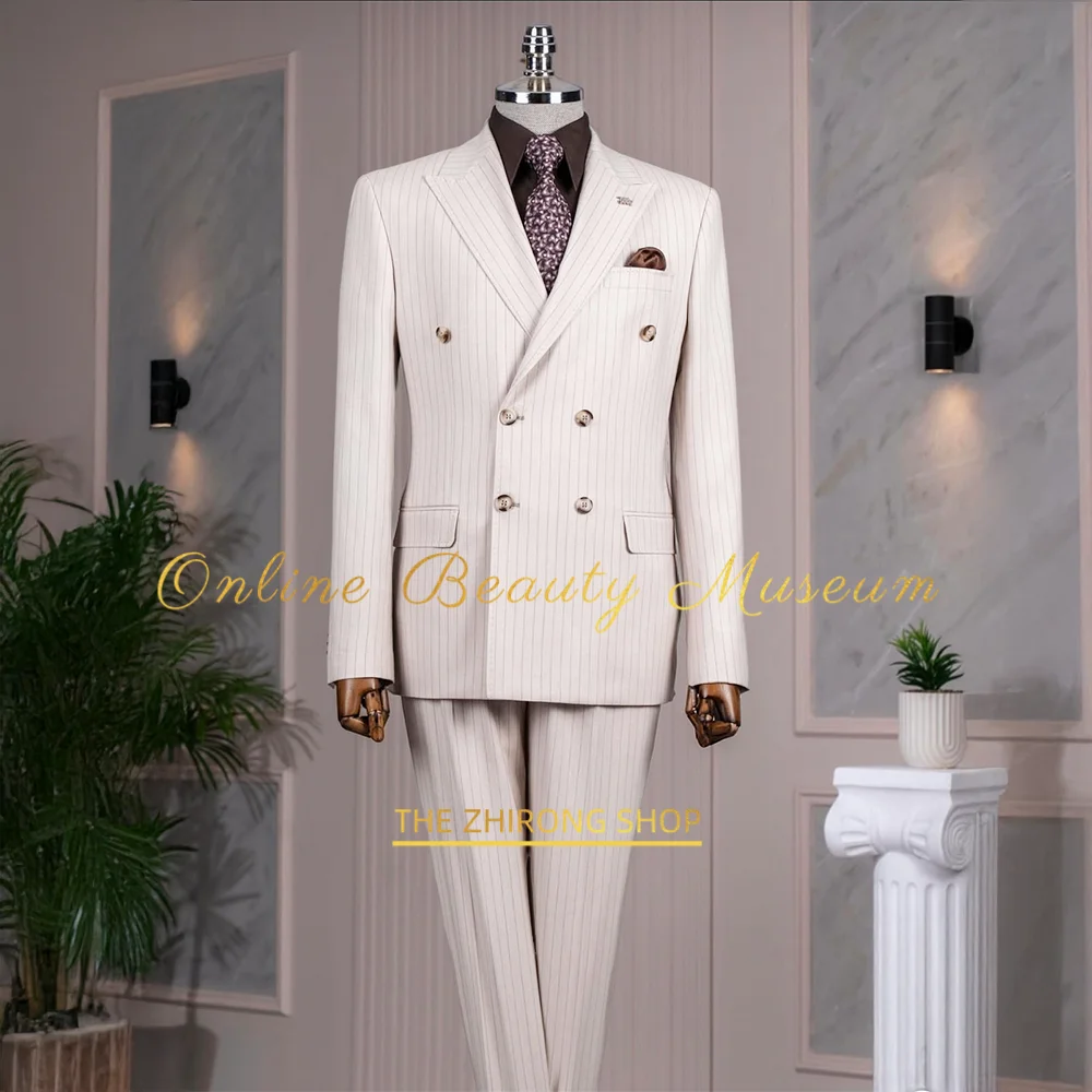 

Luxury Men’s White Striped Suit Tailored 2 Piece Double Breasted Blazer Pants Wedding Set Slim Fit Formal Look