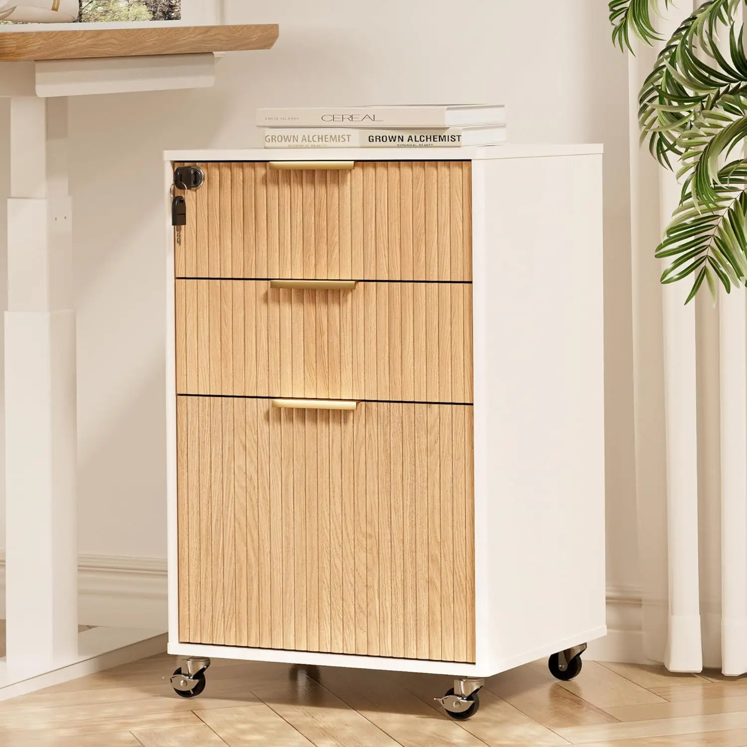

3 Drawers Fluted Mobile File Cabinet with Lock, Rolling File Cabinet Printer Stand Table, Under Desk Wooden Filing Cabinets