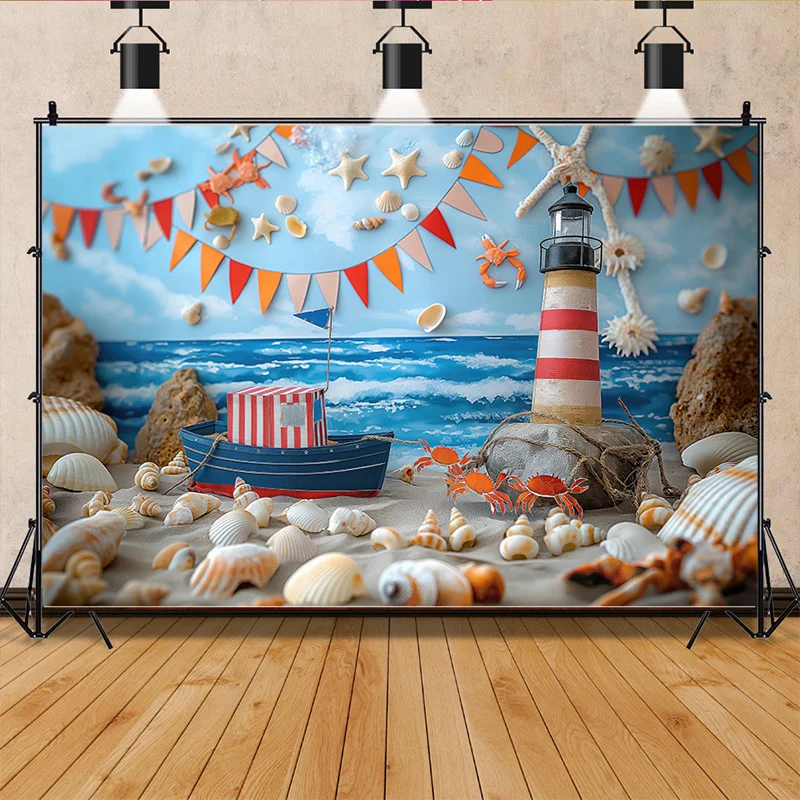 Blue Marine Wall Starfish Sailboat Photography Backdrops Birthday Party Decor Global Fishing Net Photo Studio Background TE-06