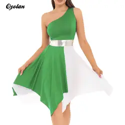 Womens Ballet Lyrical Dance Dress Costume One Shoulder Patchwork Liturgical Spirit Praise Choir Church Worship Dresses Dancewear