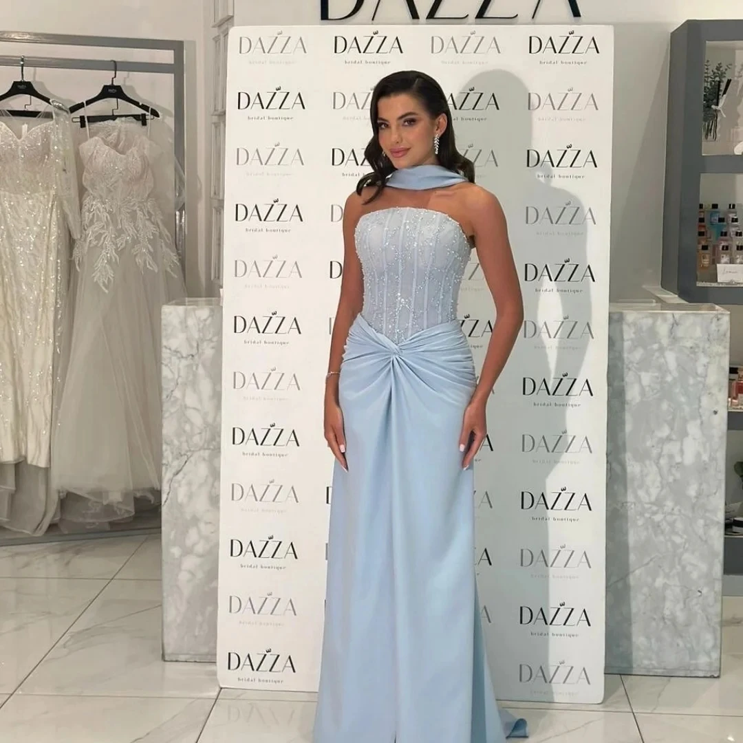 

Strapless Pearls Long Bespoke Occasion Gown Evening Dresses Pastrol Unisex Jersey Retro Dubai Saudi Arabic Prom Customized