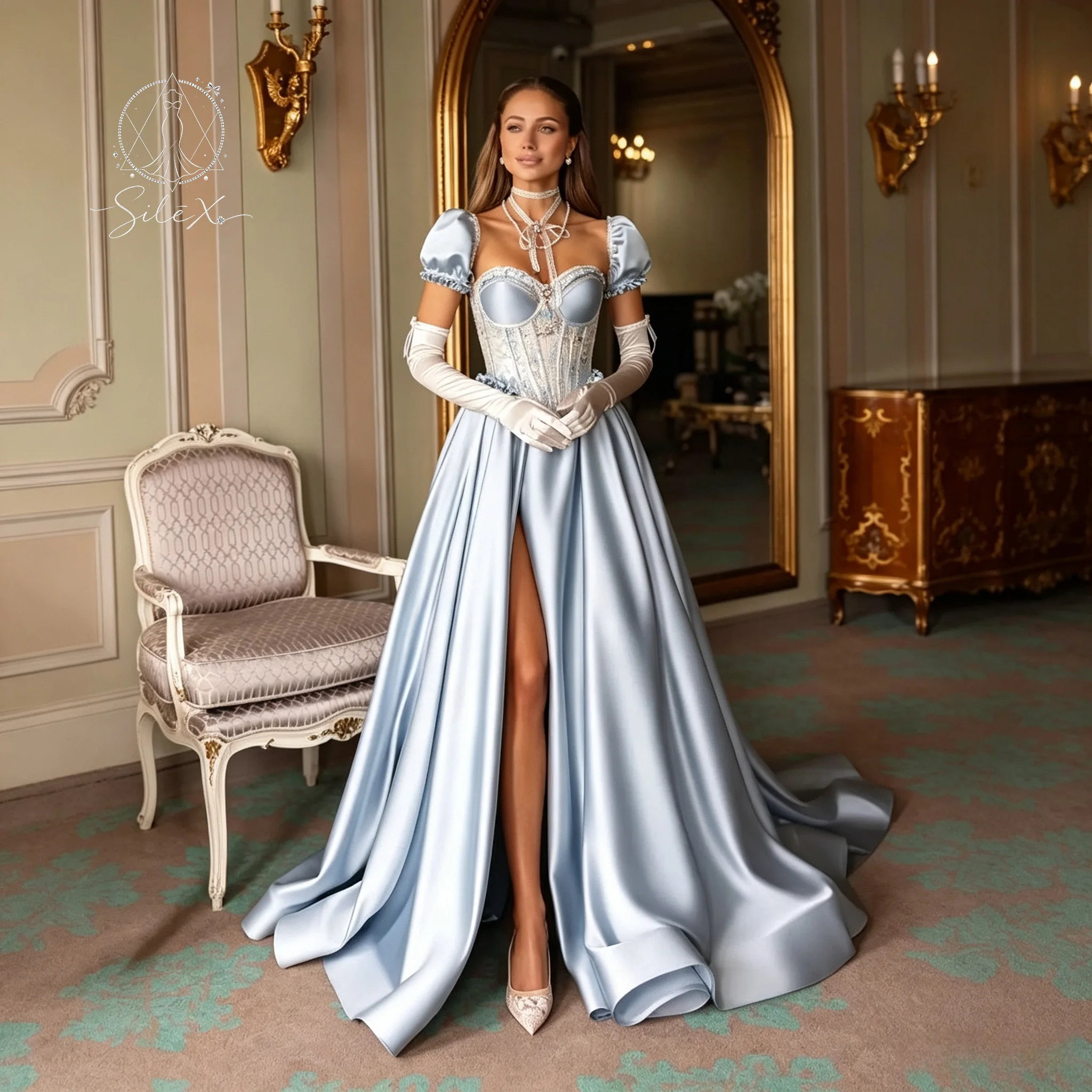 Lady's Icy Blue Puff‑Sleeved Corseted Satin Court DressWith High Slit And Long Trailing Hem A Retro Royal Formal Adult Ball Gown