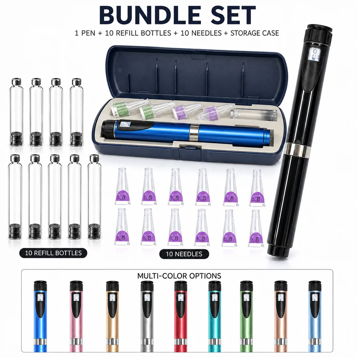 Reusable Injection Pen with 10Pcs 3Ml Cartridges Set Portable Insulin Injection Pens Adjustable Dose Dial Injection Pens