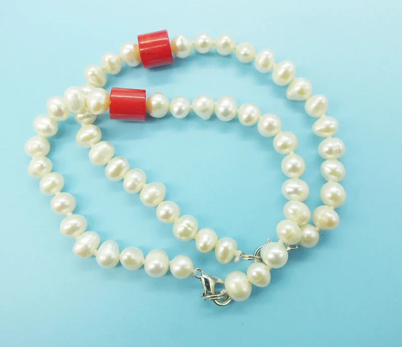 

Wholesale 9PCS/lot BREATH TAKING PRICE 6MM Natural White Pearl and Natural Red Coral Bracelet 7.5 inches