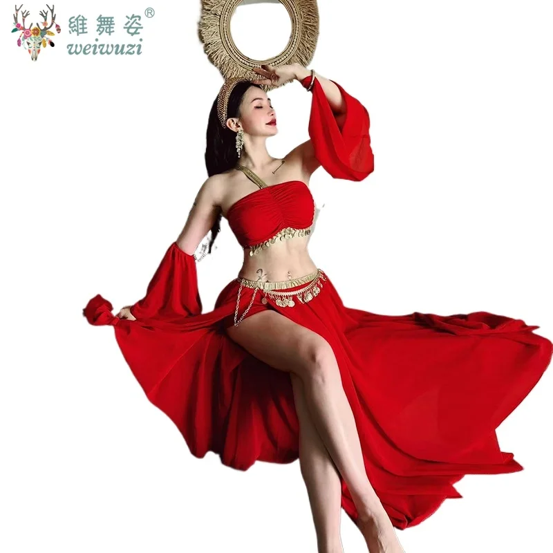 Conjunto de prática de dança do ventre para mulheres, top sem mangas + saia longa dividida sexy + mangas, trajes de performance de dança oriental para adultos