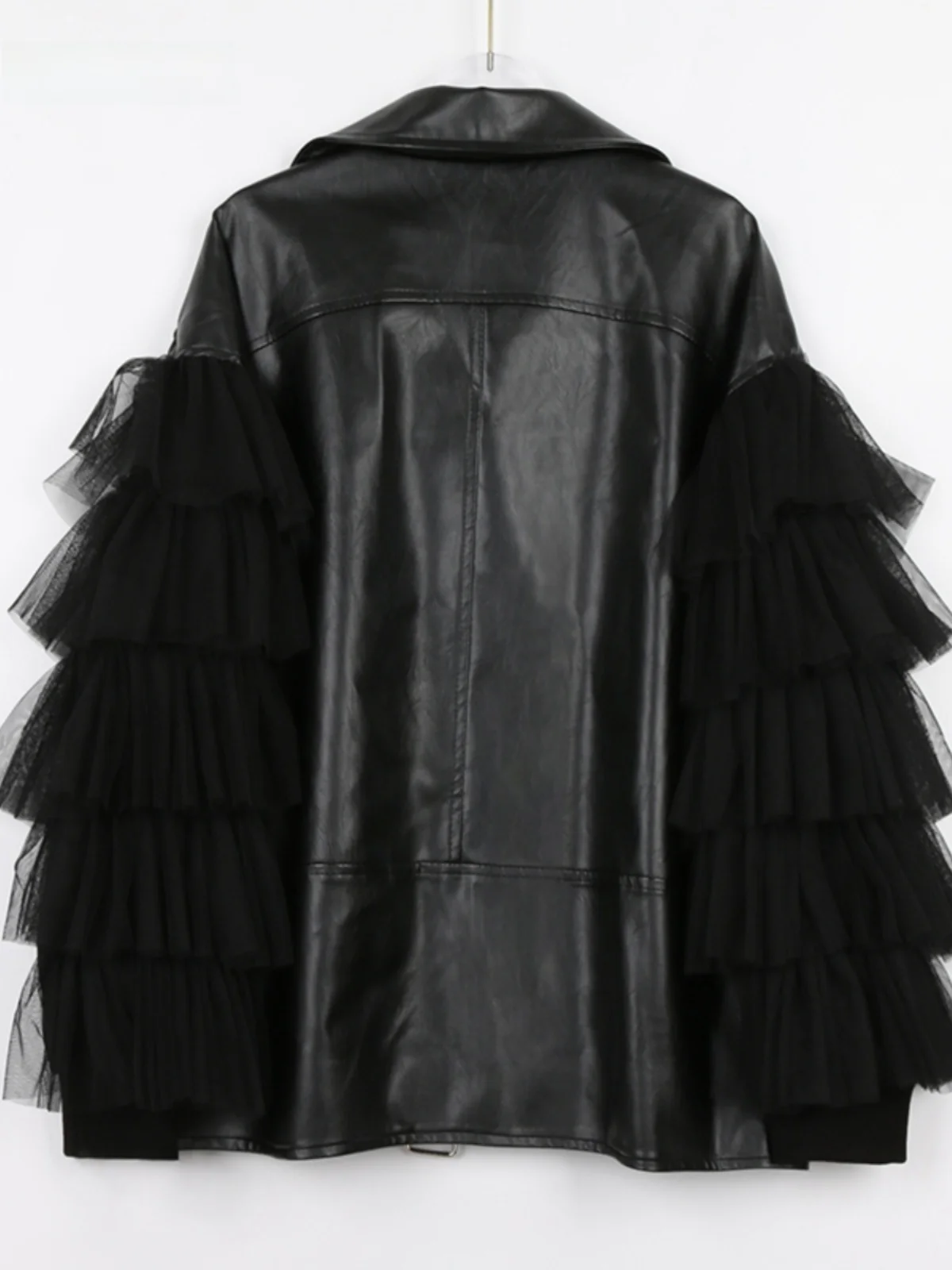 Nerazzurri Bla Lace Spliced Motorcycle Sle Loose PU Leather Jaet Women's  New Arrival Faion Commute Windbreaker