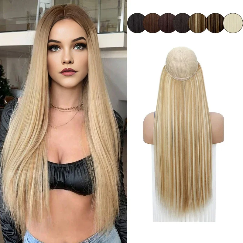 وصلات شعر صناعية غير مرئية بطول 60.96 سم، بدون مشبك مع خط سري، سهل التركيب على شعر هالة للنساء