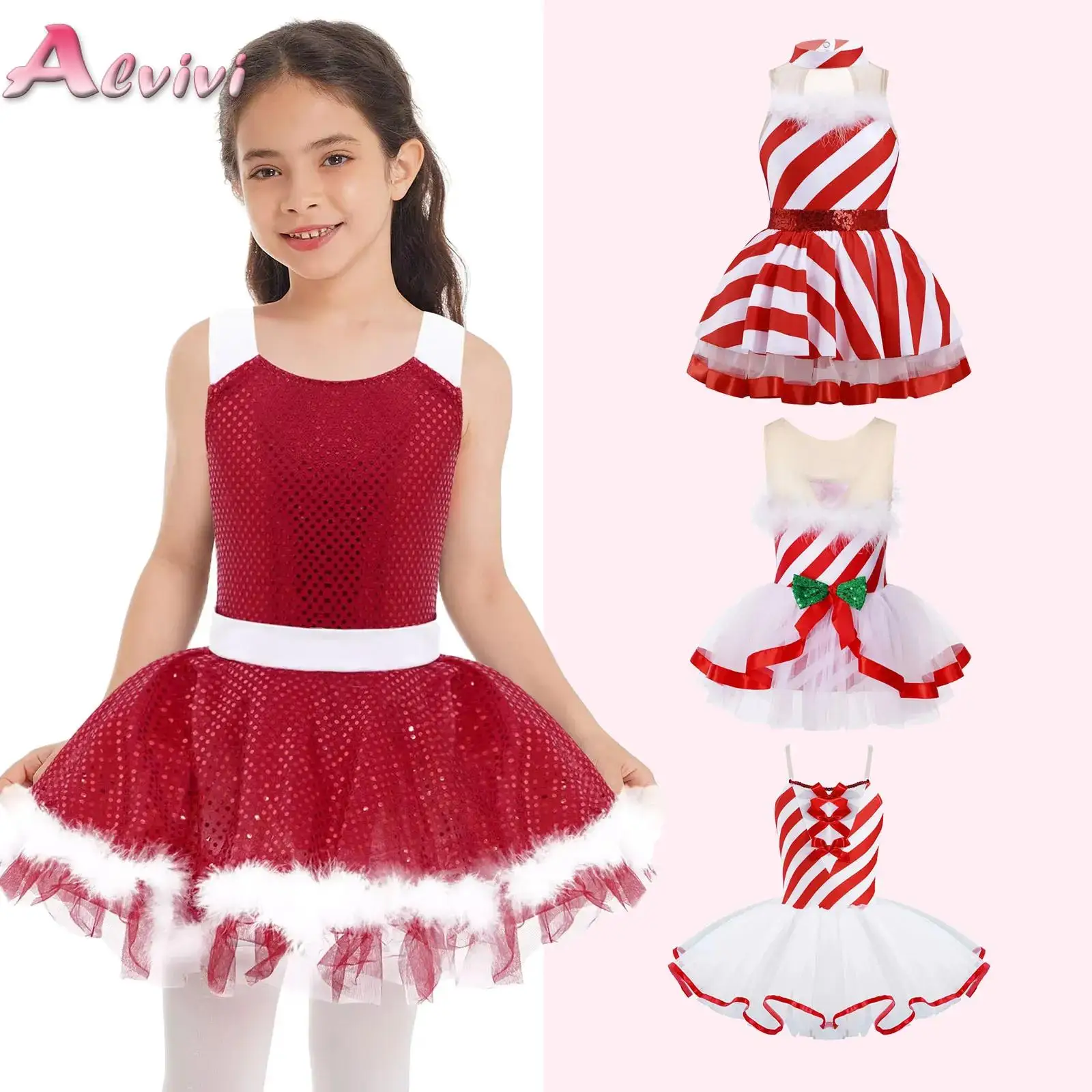 Kids Christmas Elf Costume Sleeveless Sequins Ballet Tutu Dress Figure Skating Gymnastics Leotard Latin Performance Dancewear
