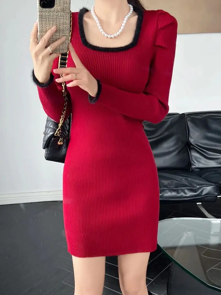 Knee Length U Neck Clothes Black Knitted Dresses for Women Colorblock Cover Up Crochet Midi White Woman Dress  Aesthetic Sale