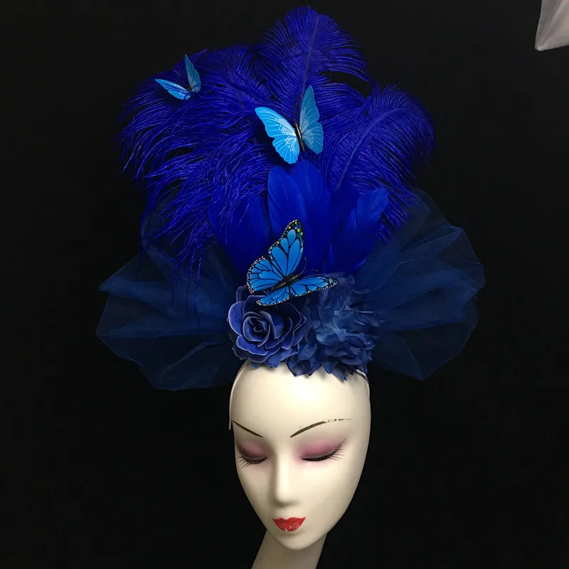 Photography Makeup Creative Fashion Runway Shows Models Blue Exaggerated Feathers Headwear Stage Performances Hair Accessories
