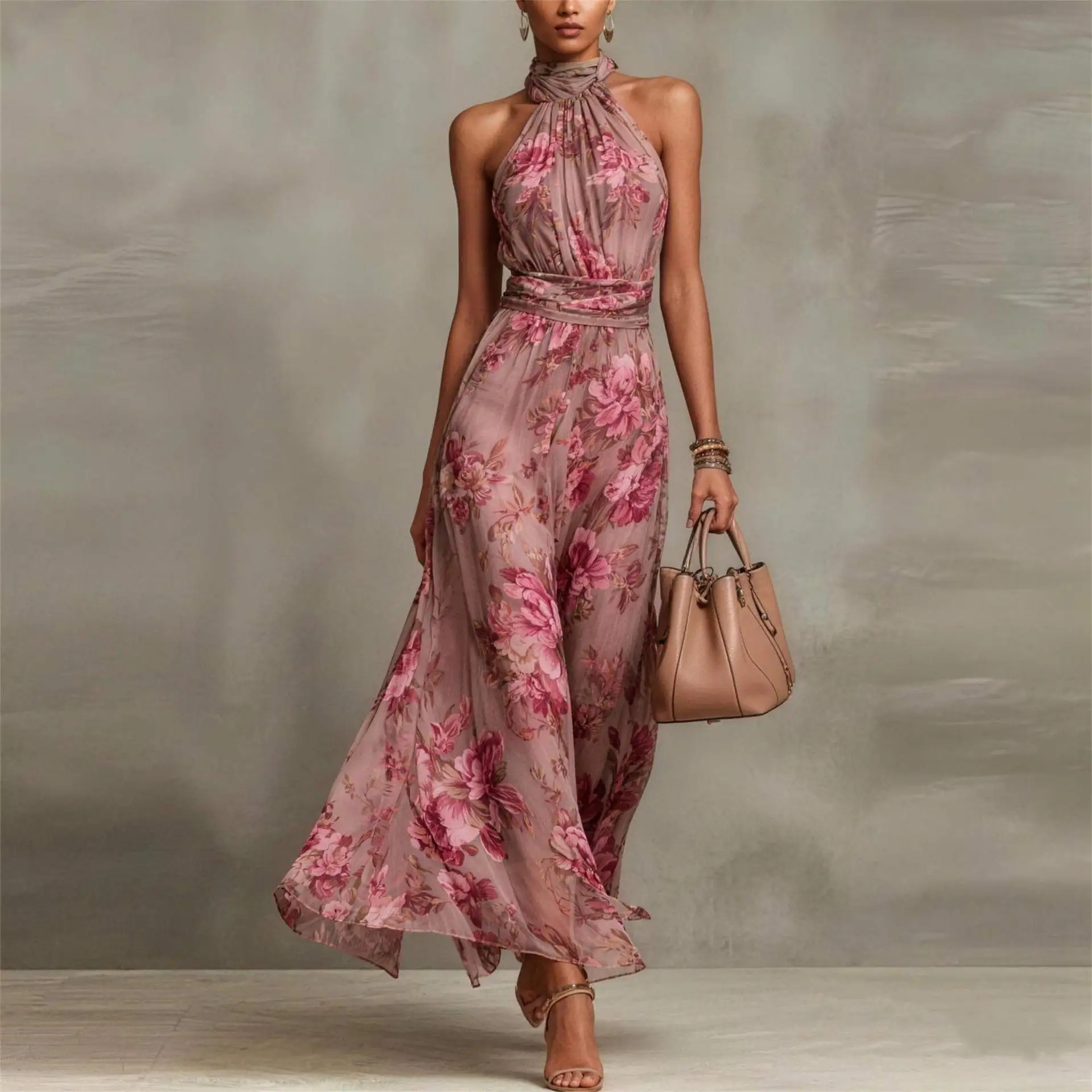 Sommerliches Retro-Neckholder-Kleid mit Blumenmuster, sexy ärmelloses Partykleid für Damen mit geraffter Taille, 2026 Neu, Boho-Vestidos, elegantes Abendkleid
