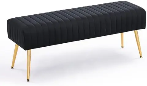44 Inch Bedroom Ottoman Bench, Black Upholstered End of Bed Bench with Gold Legs for Living Room Bedroom Dinning Room
